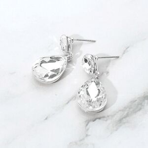 Silver Dangle Crystal Earrings 1.25 Inch Double Glass Teardrop